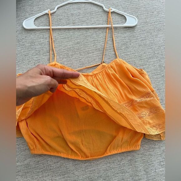 NWT Free People Womens Home Again Asymmetric Lace Trim Crop Top Orange Blouse - Picture 4 of 9